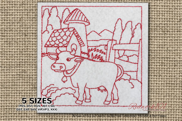 Cartoon Cow in Pasture Redwork