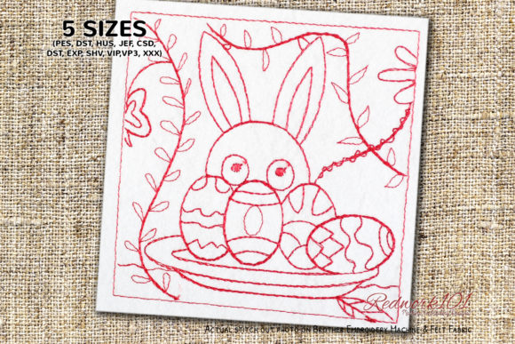 Easter Bunny with Decorated Eggs Redwork