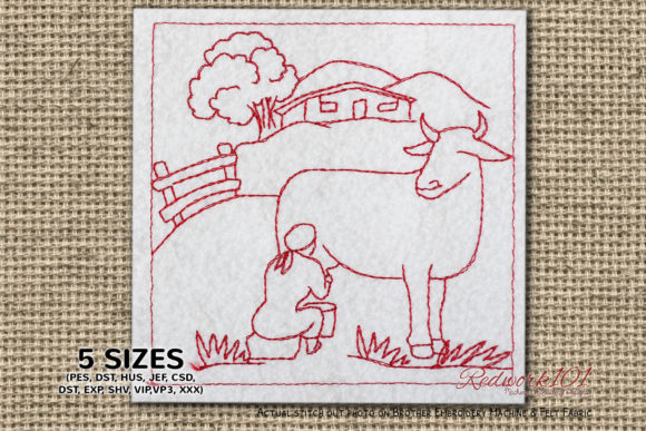 Farmer Milking the Cow Redwork