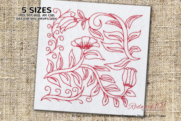 Primula Flower Swirls Pattern Redwork